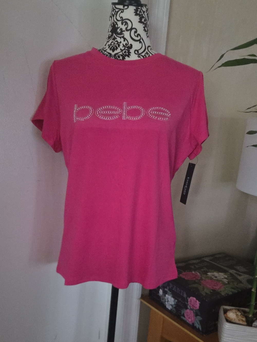 bebe Hot Pink Crystal Logo Short Sleeve Tee